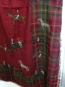 ETRO SAMPLE SCARF FRINGE HEM FINE WOOL - 54X54 HUNTER HORSES - PLAID - POLO- MEN - Picture 1 of 12