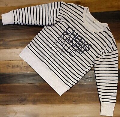 J Crew Crew Neck Sweatshirt Gray Black Striped CHEERS Women's Size Medium • 12.99€
