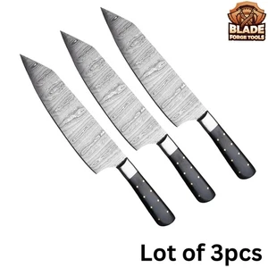 Lot of 3pcs Chef's Knife Full Tang Damascus Steel Blade & Micarta Handle, Sheath - Picture 1 of 9