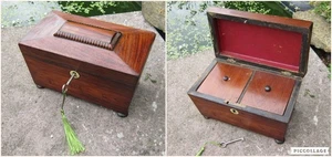 Antique Georgian Sarcophagus Tea Caddy, 2 Division with Lock & Key - Picture 1 of 11