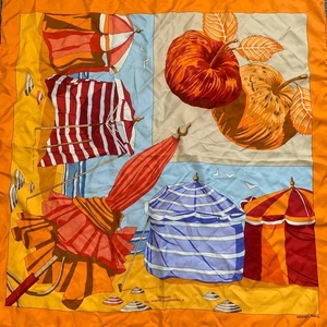 Hermes Charmes Des Plages Normandes IICarre 90 Seidentuch orange Etikett ohne Karton - Bild 1 von 4