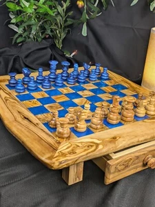 Handcrafted 19-Inch Olive Wood & Blue Epoxy Resin Chess Set - Picture 1 of 9