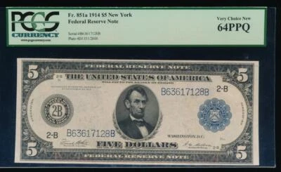 AC Fr 851a 1914 $5 New York FRN PCGS 64 PPQ - Image 1 of 2