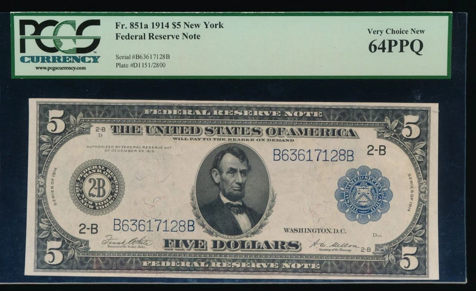AC Fr 851a 1914 $5 New York FRN PCGS 64 PPQ - Image 1 of 2