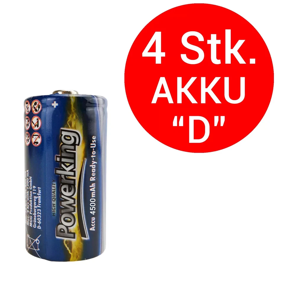 POWERKING® 4x "Mono D" HR20 AKKU PRO 4500 mAh 1,2V NiMH-Akku Batterie Wiederaufladbar