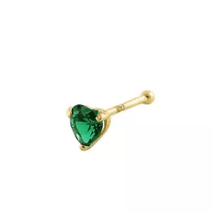 Solid 14K Yellow Gold Green Emerald Heart CZ Straight Nose Stud New - Picture 1 of 4