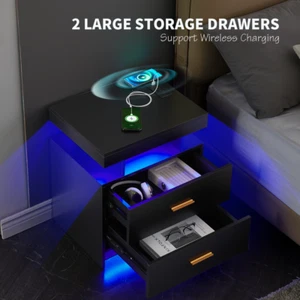 LED Nightstand, 2 Drawers Bedside Tables with Wireless Charging Station 2 Outlet - Picture 1 of 12