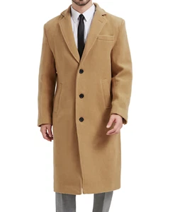 Mens Camel Long Overcoat 70% Wool Cashmere Warm Winter MOD Single Breasted Coat - Picture 1 of 11