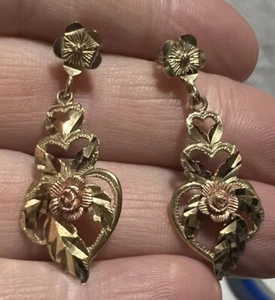 Vintage 3 Tiered Heart With Rose Gold Rose Dangle Earrings Diamond Cut - Picture 1 of 7