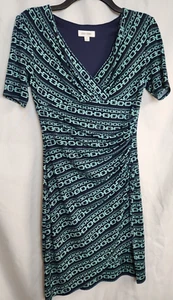 Jones Studio Dress Womens Size 4 Navy and Teal Striped Short Sleeve - Picture 1 of 6