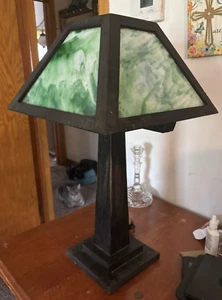 Arts & Crafts Mission Oak Green Slag Glass Table Lamp 24" WB Brown #223 Pat 1906 - Picture 1 of 9