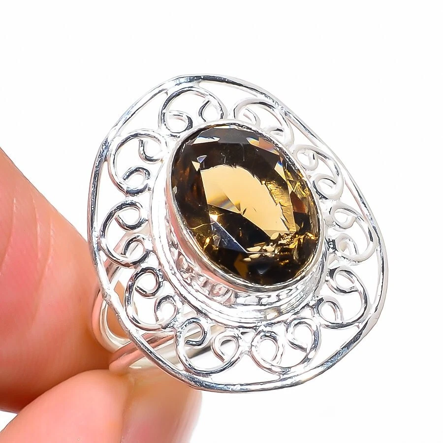 烟熏石英宝石 925 纯银首饰 所有尺寸礼品戒指 — 第 1/1 张图片