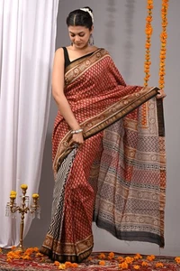 Neuer indischer handbedruckter Bollywood Designer-Sari aus 100 % Seide für Damen - Bild 1 von 3