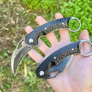 Karambit Damascus Steel Folding Knife With Case Custom Claw Ring Knife Edc - Picture 1 of 7