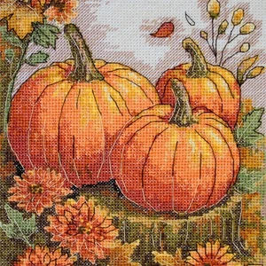 Cross Stitch Kit - Autumn Pumpkins, DIY Fall Embroidery Kit, Pumpkin and Flowers - Picture 1 of 3