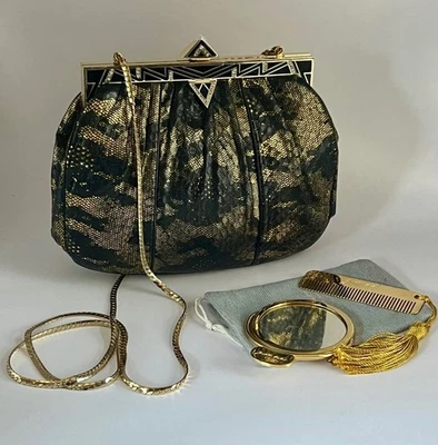 Judith Leiber ~ Bolso sin asas pequeño bandolera cadena ~ negro dorado con peine espejo Foto 1 de 4