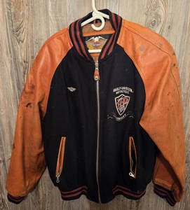 Harley Davidson Lrg Black & Orange Varsity Letterman Leather Jacket VTG Rat Rod - Picture 1 of 18