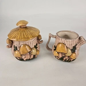 1989 Arnels Vintage Mushroom Sugar Bowl & Creamer Set - Rustic Ceramic Woodland - Picture 1 of 12