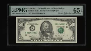 DBR 1981 $50 FRN Dallas Gem Fr. 2120-K PMG 65 EPQ Serial K00643285A - Picture 1 of 2