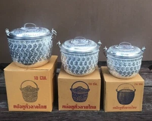 Vintage Style Thai Traditional Design Aluminium Silver Round Pot Food Decor Gift - Picture 1 of 45