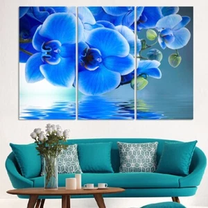 Blue Orchid Flowers 3 Pieces Canvas Print Wall Art Poster Home Decoration - Picture 1 of 5
