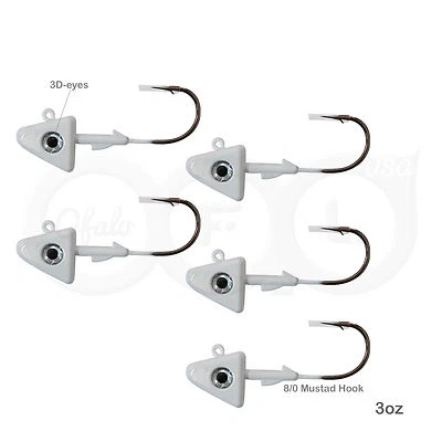 FISH WOW!® 5pcs 3oz Shad Jig Head 32786 MUSTAD 2x Strong Hook 8/0 Black Nickel White @US