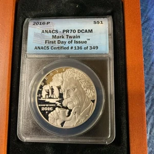 2016-P Mark Twain Commemorative Silver Dollar FDOI PR70 DCAM ANACS *9360 - Picture 1 of 1
