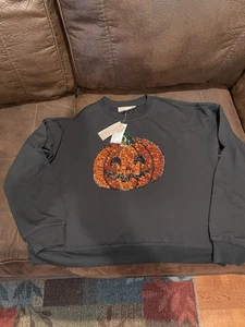 Neu mit Etikett Damen S/P schwarzes Langarmshirt mit orangefarbenen Pailletten Kürbis superweich - Bild 1 von 15