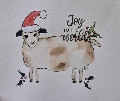 Оригинальная подписанная акварельная картина. Christmas.Sheep.snow. Санта. Праздничное искусство.  - Изображение 1 из 2