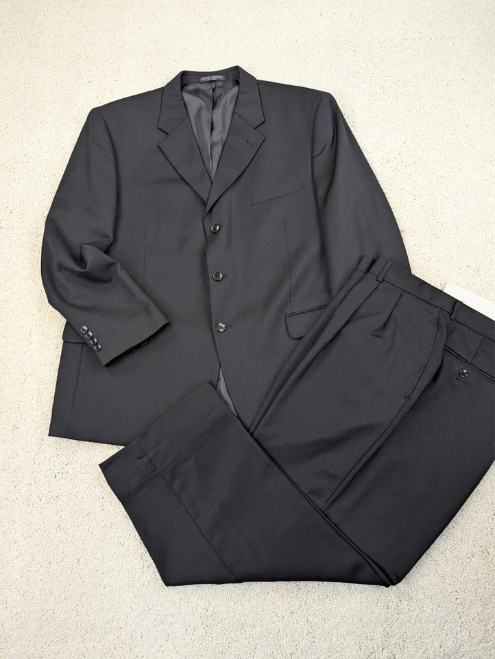 Jones New York Suit Mens 46S 36x25 Black Wool 2 Piece Jacket Pants Vintage 3 Btn - Image 1 of 4