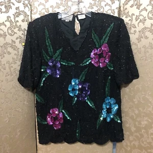Stenay Top Nero Rosa Teal Multicolore Floreale Paillettes Taglia S - Foto 1 di 4