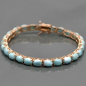 Larimar Tennis Bracelet Oval 925 Sterling Silver Jewelry Yellow Gold Plat 7 in - Picture 1 of 4