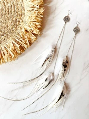 Christmas gifts, White Feather Bridal Earrings for Boho/Rustic Wedding  - Image 1 of 4