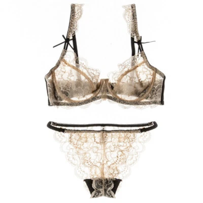 Women Bras Set Unlined Lace Sheer Brassiere Sexy Lingerie Breathable Panties Set - Image 1 of 4