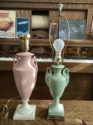 Vintage Pottery Lamps Pair Pastel Pink Green Swan Handles Art Deco Lenox MCM - Image 1 of 4