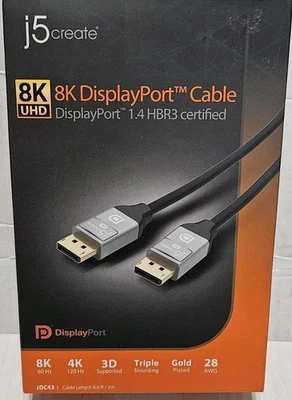 j5create 8K DisplayPort Cable DisplayPort 1.4 HBR3 Certified  Gold Plated NIB  - Image 1 of 4