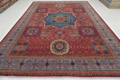 10x14 ft Red Mamluk Afghan Hand Knotted Wool Medallion Rug - Image 1 of 4