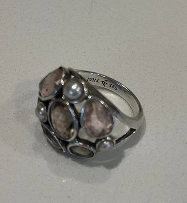 Silpada Sterling Silver Ring Sz. 8 Pink Glass & Pearl Stones Marked “Thai” - Image 1 of 3