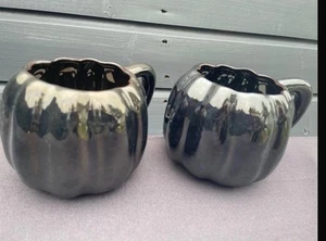 Anthropologie Pair of shiny Black Pumpkin Mugs Brand New - Picture 1 of 6