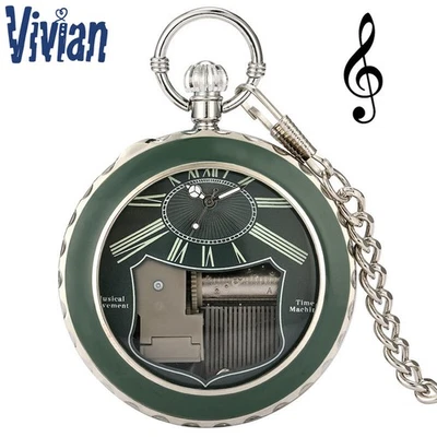 Musical Box Quartz Pocket Watch Luminous Green Case with Music Luxury Gifts - Image 1 of 4