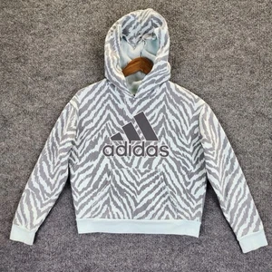 Adidas Pullover Girls Medium 10-12 Years Blue & Gray Hooded Sweatshirt Big Logo - Picture 1 of 11