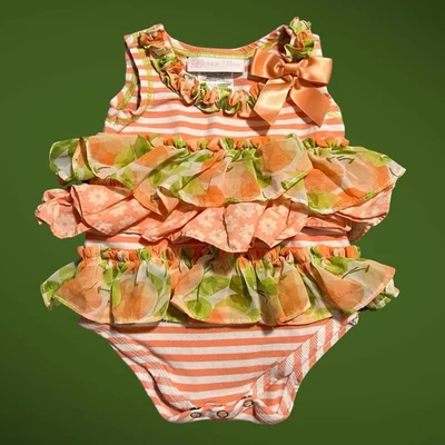 Bonnie Baby Sun Suit 1-Piece 6-9 mo Tropical Orange & Lime Green Striped Ruffles - Image 1 of 4