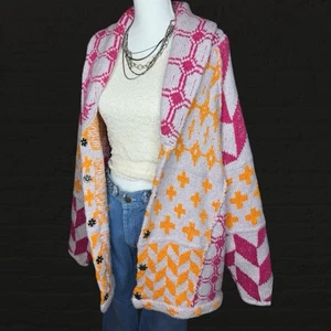 Free People Boho Chunky Knit Zip Cardigan Jacket L Geometric Sweater Coat - Picture 1 of 21