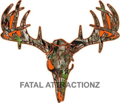 FATAL ATTRACTIONZ Camo Orange Deer Skull S4 Vinyl Sticker Decal hunting buck bow whitetail trophy