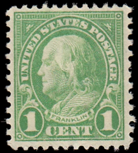 US Stamp #632 - 1927 1¢ Benjamin Franklin, EzGrade™ G/VG, EzPerf™ 11 x 10 ½ MLH - Picture 1 of 4