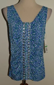 New Womens Rafaella Large Dressy Tank Top Blue Patterned Jeweled Ruched Blouse - Picture 1 of 3