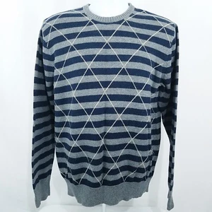 Old Navy Mens Sz Large Sweater Argyle Stripe Pullover Blue Gray LS Cotton Wool - Picture 1 of 8
