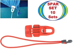 10 x MIDI Zelt Planen Reparatur Clip rot + 25 cm Spann Gummi Haken Klemm Öse Set - Bild 1 von 17