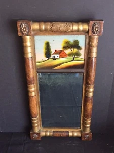 Antique Federal Split Column Mirror with Reverse Painting on Glass Cottage Scene - Picture 1 of 9