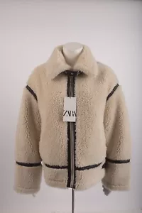 Zara Womens Blogger Oversized Jacket Sherpa Ivory Black S Small 3548/247 NWT - Picture 1 of 6